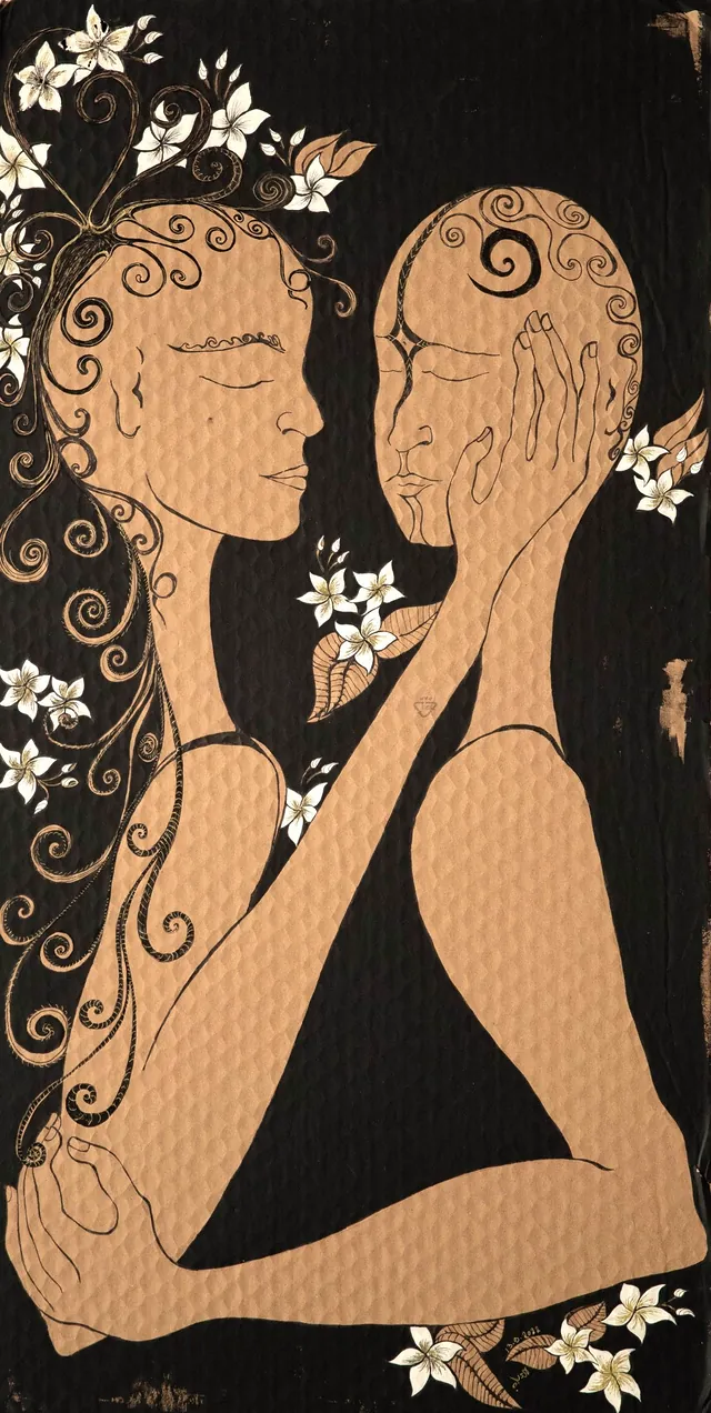 Falling in Love, a painting by Thea Shmueli, 15 mm honeycomb cardboard