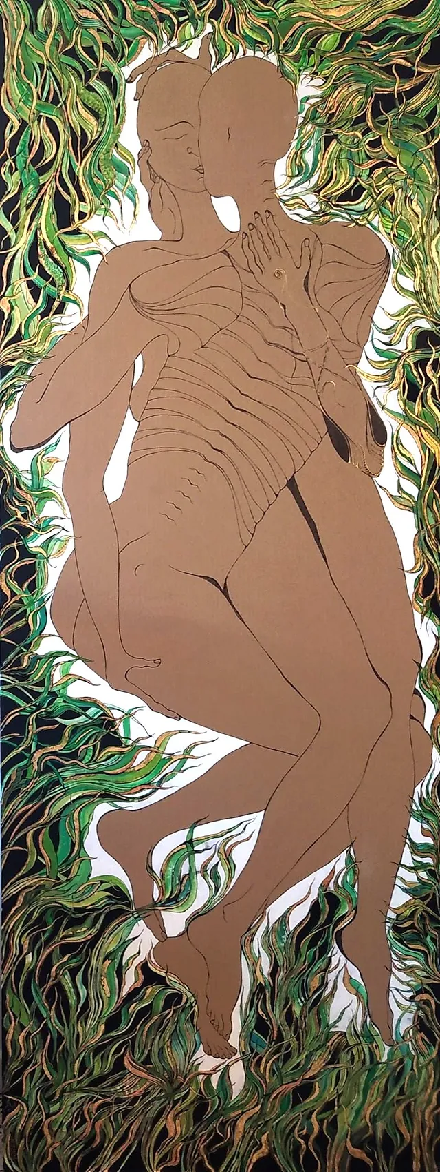 Weaving Golden Strings, a painting by Thea Shmueli, 15 mm honeycomb cardboard